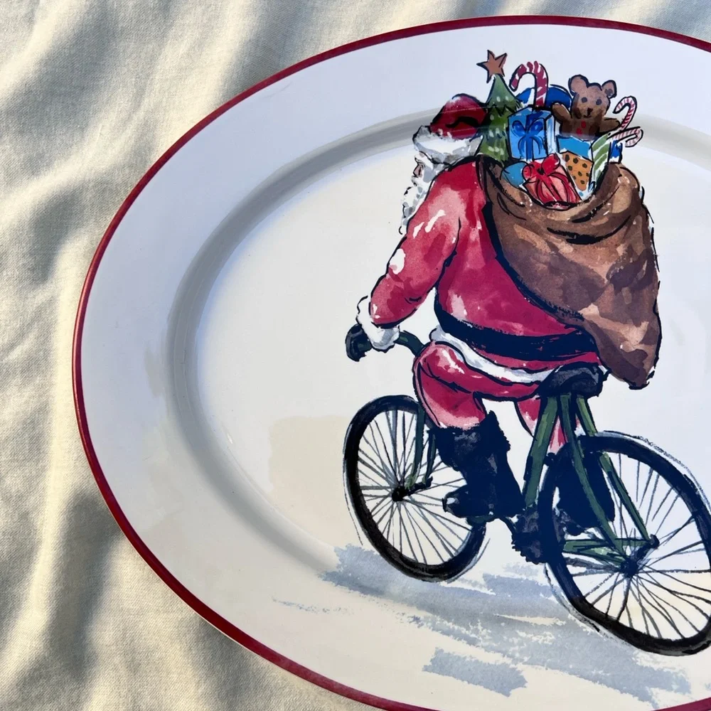 Pottery Barn Santa on Bike Oval Christmas Serving Platter 15.25